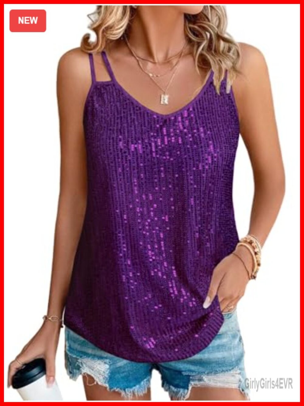 Sequin Tank Top V Neck Sleeveless Sparkly Party Club Night Out